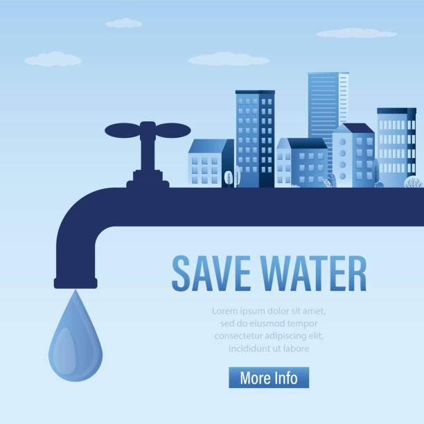 Save water, landing page template. Water tap and large drop. The problem of ecology and irreplaceable natural resources of planet. City landscape with buildings on pipe vector art illustration