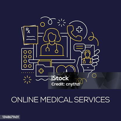 istock Vector Set of Illustration Online Medical Services Concept. Line Art Style Background Design for Web Page, Banner, Poster, Print etc. Vector Illustration. 1348671401