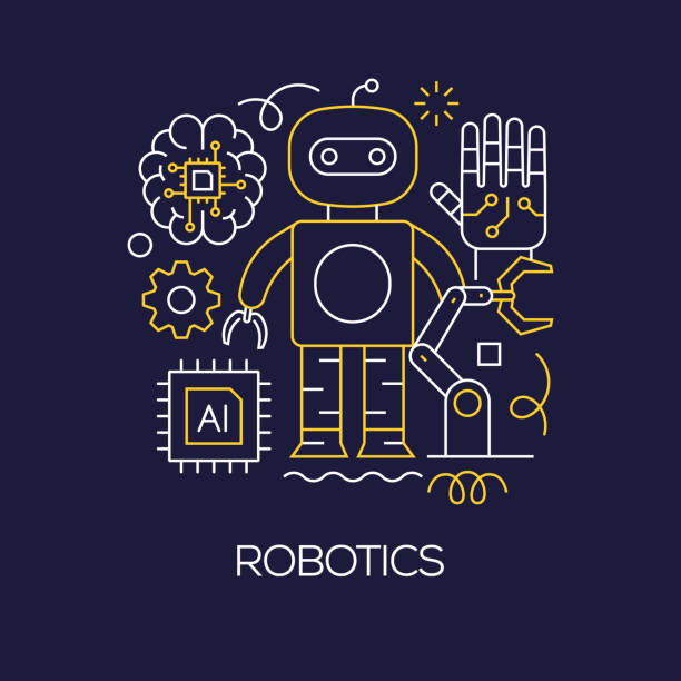 ilustrações de stock, clip art, desenhos animados e ícones de vector set of illustration robotics concept. line art style background design for web page, banner, poster, print etc. vector illustration. - stem assunto