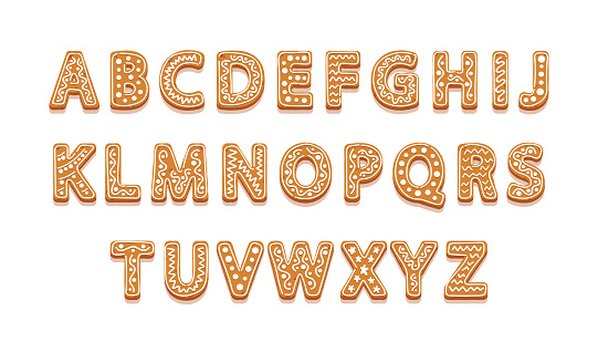 Christmas Cookies Alphabet, New Year Gingerbread Uppercase Abc with White Glaze. Isolated Textured Letters on White Background. Festive Xmas Biscuit Typographic Font. Cartoon Vector Illustration Set