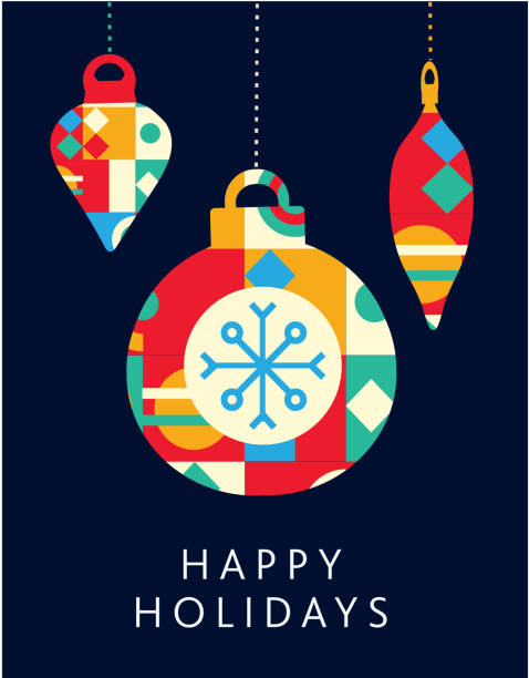happy holidays greeting card flat design template with ornaments geometric shapes and simple icons - 聖誕裝飾 插圖 幅插畫檔、美工圖案、卡通及圖標