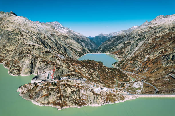 Aerial view of Grimselsee (Lake Grimsel) and Grimsel Hospice, Switzerland