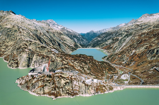 Aerial view of Grimselsee (Lake Grimsel) and Grimsel Hospice, Switzerland