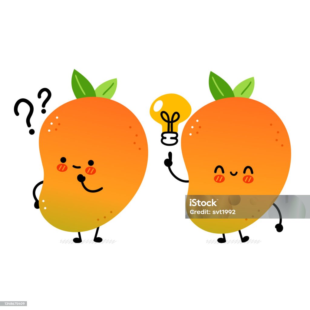 Cute Funny Mango Fruit With Question Mark And Idea Lightbulb ...