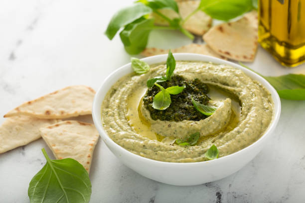istock Basil hummus topped with pesto 1348677016