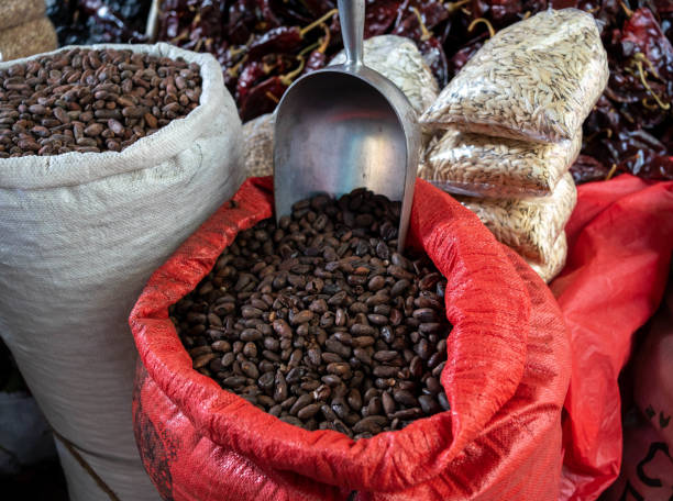 Cacao beans for sale in market stock photo