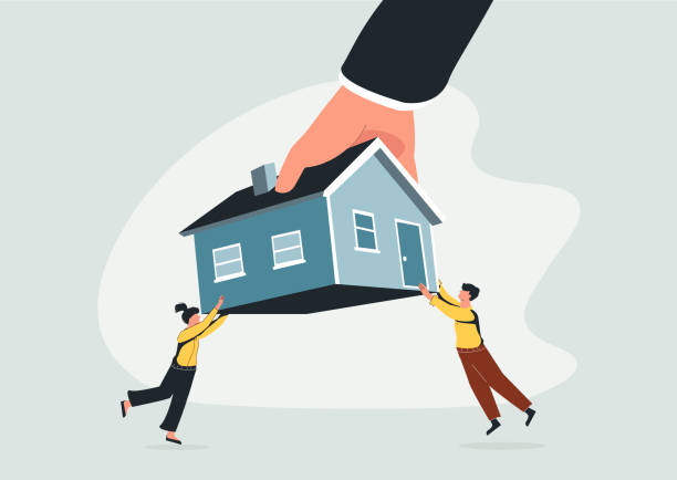 ilustraciones, imágenes clip art, dibujos animados e iconos de stock de desahucio y deuda hipotecaria, ejecución hipotecaria o dificultad para amortizar concepto de préstamo hipotecario bancario, quiebra del hombre y la familia. - vivienda crisis