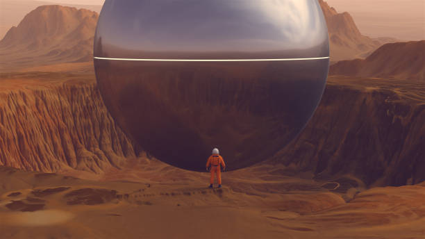 istock Astronaut Spacecraft Large Crater Alien Silver UFO Orb with White Strip Floating Arid Mountain Extra-Terrestrial Planet Desert Landscape 1348687586
