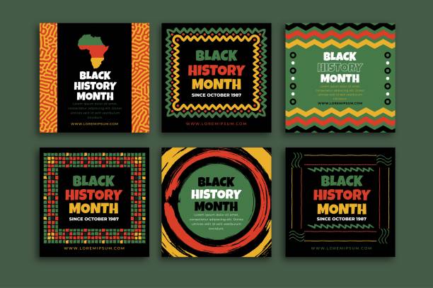손으로 그린 플랫 블랙 히스토리 월 인스 타 그램 게시물 컬렉션 벡터 디자인 일러스트 - black history month stock illustrations