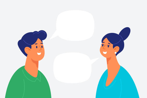 Man and woman talking Man and woman talking to each other face to face stock illustrations