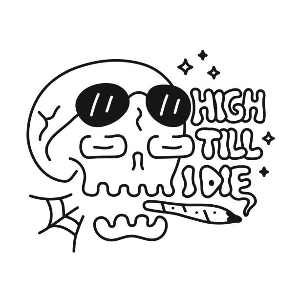 Funny skull with cannabis weed joint in mouth. High till I die slogan. Vector doodle cartoon character illustration design. Trippy high skull,marijuana,weed,cannabis print for poster, t-shirt concept Funny skull with cannabis weed joint in mouth. High till I die slogan. Vector doodle cartoon character illustration design. Trippy high skull,marijuana,weed,cannabis print for poster, t-shirt concept marijuana tattoo stock illustrations