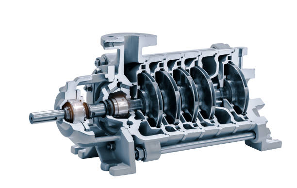 multistage high pressure prepared pumpfor pumping of water, fuel, oil and oil products isolated on a white background. - gascompressor fotos stockfoto's en -beelden