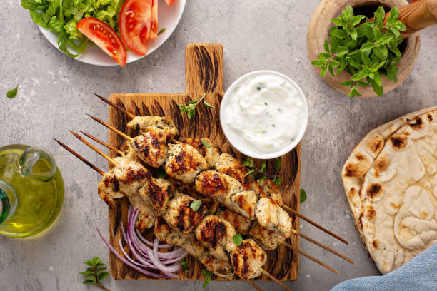 istock Greek chicken souvlaki with tzatziki 1348716578
