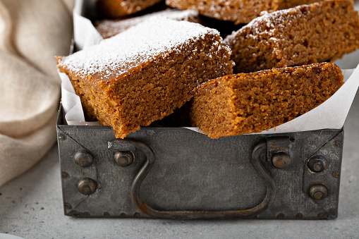 Gingerbread spiced bars with powdered sugar for Christmas
