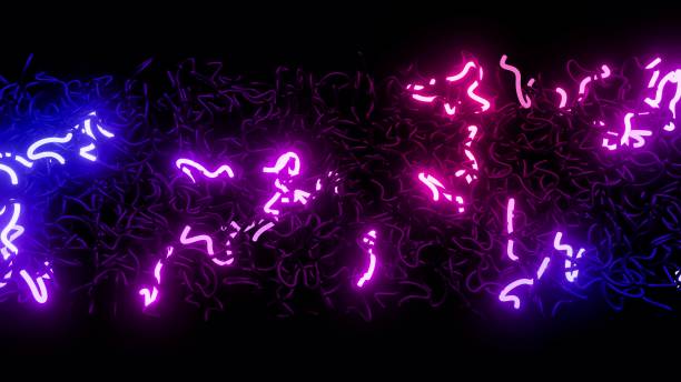 3d render. 3d abstract background with neon light, multicolored flashes of light bulbs of unusual shapes. Curved lines flash bright. Motion design bg. blue red gradient