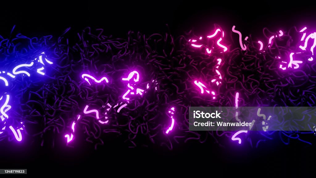 3d render. 3d abstract background with neon light, multicolored flashes of light bulbs of unusual shapes. Curved lines flash bright. Motion design bg. blue red gradient 3d render. 3d abstract background with neon light, multicolored flashes of light bulbs of unusual shapes. Curved lines flash bright. Motion design bg. blue red gradient. Glowing Stock Photo