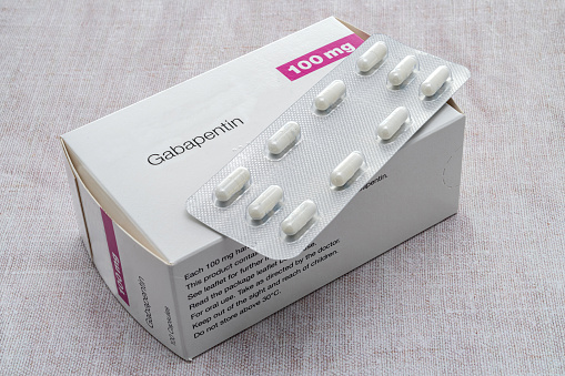 A box of generic Gabapentin pills. Gabapentin is a medication used to treat epilepsy, neuropathic pain, hot flashes, and restless legs syndrome.