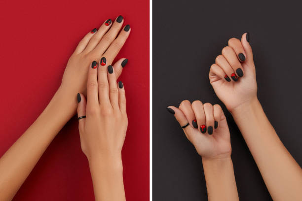 Collage with manicured female hands and fashion accessories Collage with manicured female hands and fashion accessories. Trendy autumn halloween bloody spooky nail design. fall nail art stock pictures, royalty-free photos & images