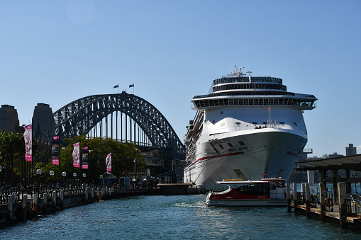 Sydney, Australia -January 07,  2024: Cruise ship Carnival Splendor docked in Circular Quay, Sydney on a sunny morning.