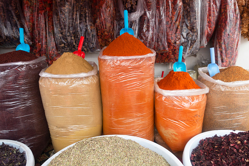 Traditional spices, dry fruits and vegetables in local bazaar