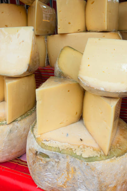 Sao Paulo, Sao Paulo, Brazil – November, 15, 2015: variety of cheese for sale at Sao Paulo's municipal market. No people.