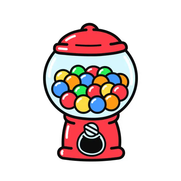 Vector illustration of Cute funny old fashioned gumball machine. Vector hand drawn cartoon illustration icon. Isolated on white background. Candy,bubble gum dispenser machine logo concept