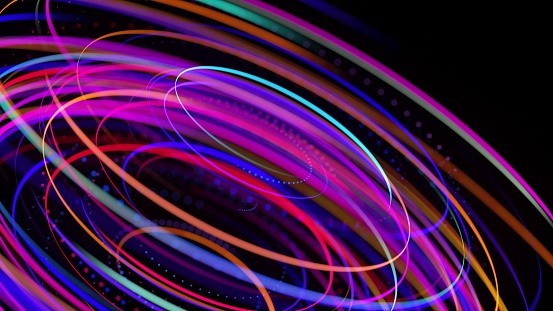 3d render. Light flow form ring structure. Light effect as abstract background with light trails, stream of multicolor neon lines in space form rings. Modern trendy motion design background