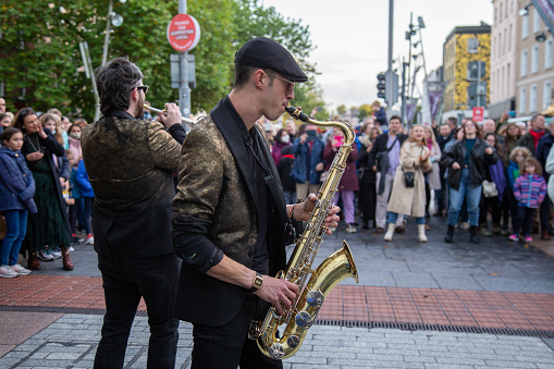 Cork City, County Cork, Ireland - Oct 24, 2021: Street performers at Cork Jazz Festival 2021