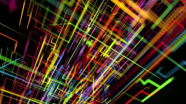 istock 3d rendering sci-fi bg like abstract hologram. Multicolor neon glow lines form digital 3d space. Connection concept, visualization of multiple calculations of various branches neural network or AI 1348751993