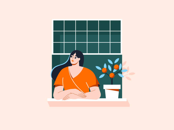 ilustrações, clipart, desenhos animados e ícones de mulher olhando pela janela aberta com um vaso de planta no parapeito da janela. garota bonita esperando em casa, ficando em casa. conceito de ar fresco - looking through window illustrations