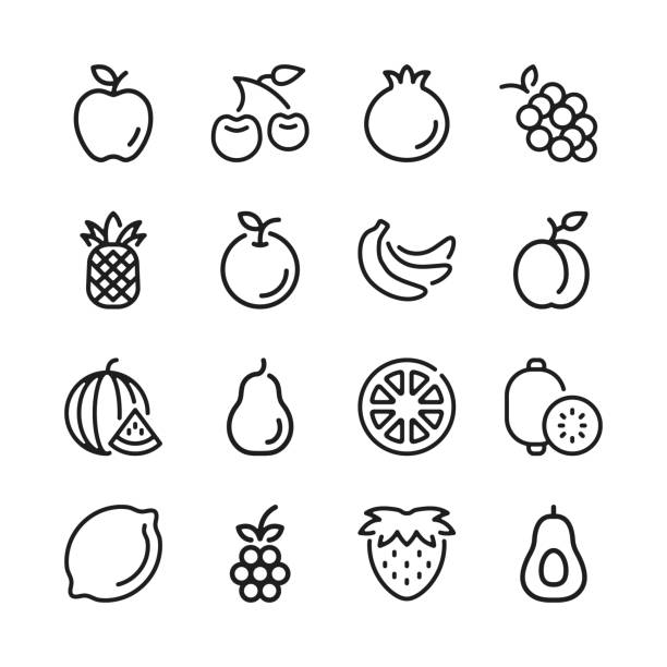 ilustraciones, imágenes clip art, dibujos animados e iconos de stock de conjunto de iconos de línea de frutas. diseño gráfico moderno. conceptos de línea delgada. colección de elementos de contorno lineal simple. iconos de línea vectorial - apple