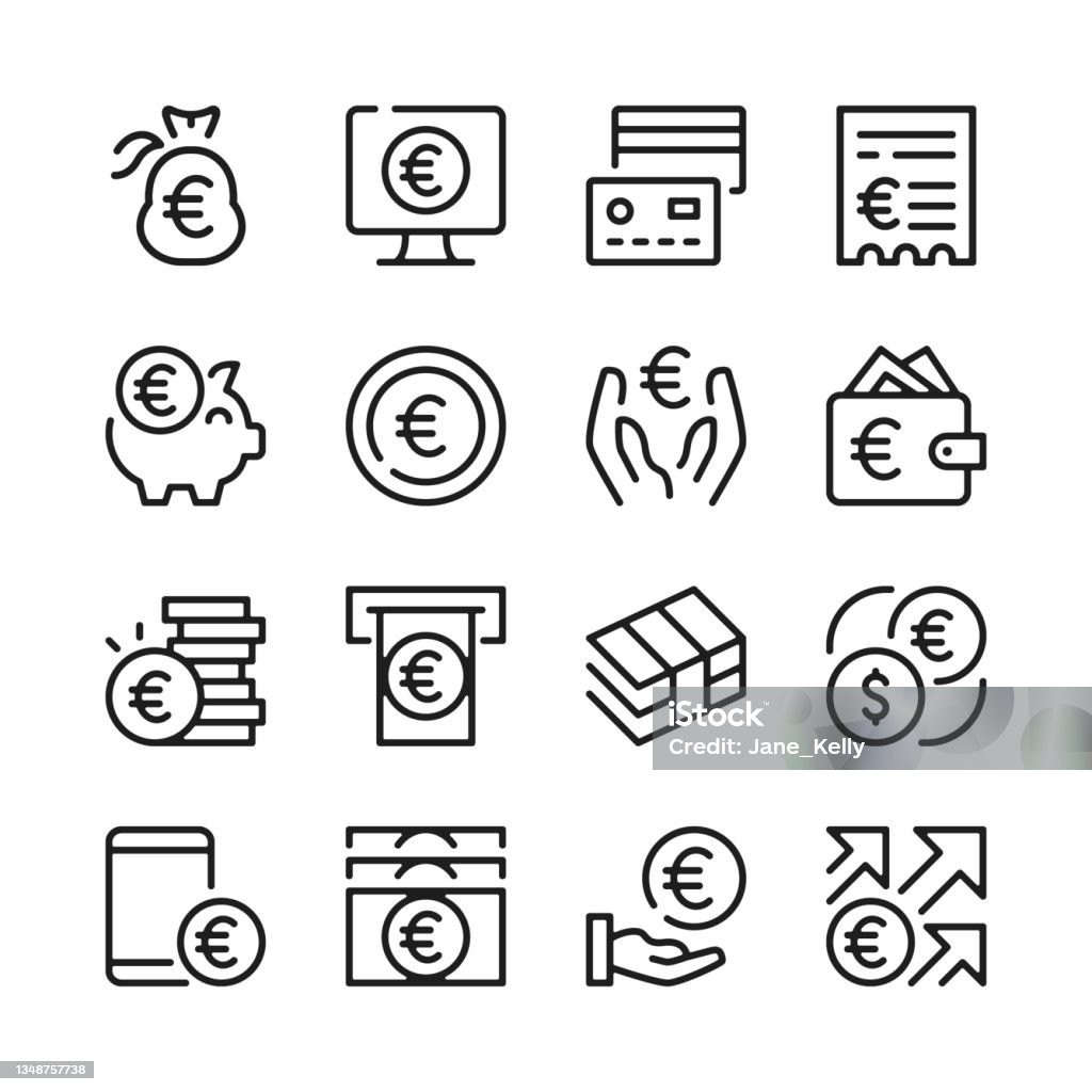 Ensemble d’icônes de ligne Euro. Design graphique moderne. Concepts de lignes minces. Collection simple d’éléments de contour linéaire. Icônes de ligne vectorielle - clipart vectoriel de Icône libre de droits Ensemble d’icônes de ligne Euro. Design graphique moderne. Concepts de lignes minces. Collection simple d’éléments de contour linéaire. Icônes de ligne vectorielle - clipart vectoriel de Icône libre de droits