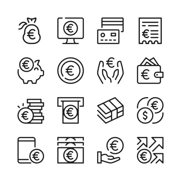illustrazioni stock, clip art, cartoni animati e icone di tendenza di set di icone euro line. design grafico moderno. concetti di linea sottile. semplice raccolta di elementi di contorno lineare. icone di linee vettoriali - euro