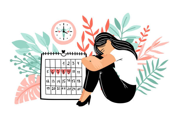 ilustraciones, imágenes clip art, dibujos animados e iconos de stock de período de calambres. días de menstruación ilustración vectorial, fechas de dolor de abdomen periódicas de la mujer, calendario de las niñas tiempo menstrual periódico, ciclo de salud de la menstruación de las mujeres, agenda emocional de la mujer - menstruación