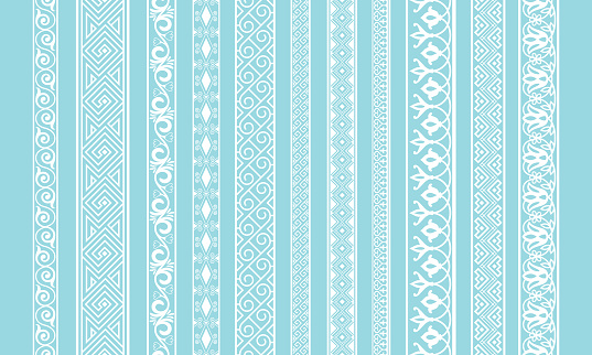 White lace edging. Cute textile wedding borders, barouque laces fabric tapes vector image, curve retro cloth silhouette ribbons, vintage cotton baroque vector strips isolated on blue background