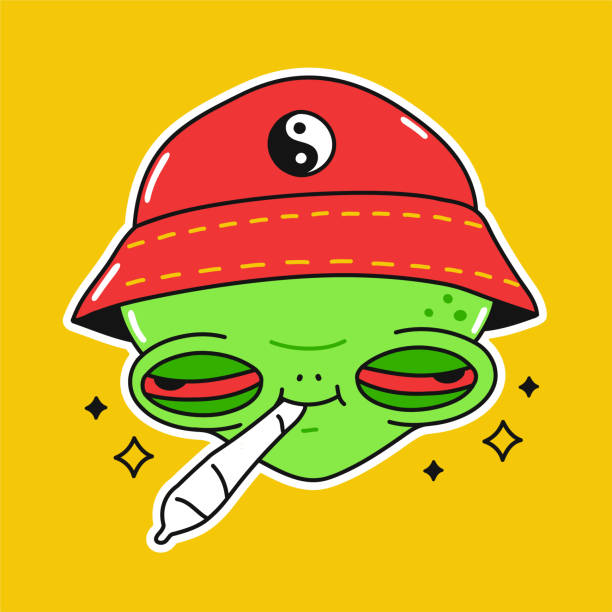 lustiger alien mit cannabis-unkraut-joint im mund. vektor-doodle cartoon-charakter-illustrationsdesign. trippy high alien, marihuana, weed, cannabis print für poster, t-shirt konzept - psychedelic smoke colors green stock-grafiken, -clipart, -cartoons und -symbole