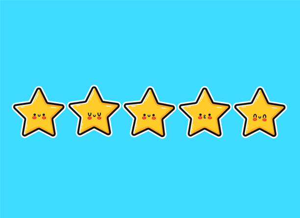 istock Happy cute smiling funny 5 stars. Vector flat cartoon character illustration icon design. Cute kawaii character, five stars customer product rating review concept 1348763325