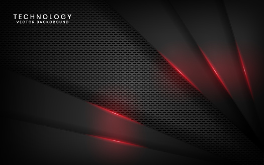 Abstract 3D black technology background overlap layer on dark space with red light line effect decoration. Modern template element future style for flyer, banner, cover, brochure, or landing page