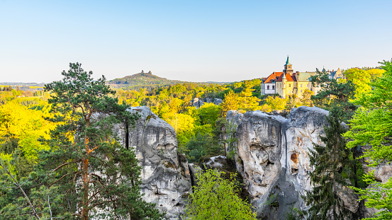 Spring landscape panorama of Bohemian Paradise, Czech: Cesky Raj. Hruba Skala castle and Trosky ruins. Czech Republic.
