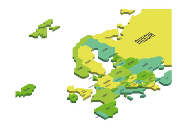 map world 90-45 isometric cont orange Isometric political map of Europe. Colorful land with country name labels on white background. 3D vector illustration map of europe stock illustrations