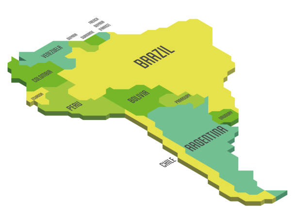 Isometric political map of South America Isometric political map of South America. Colorful land with country name labels on white background. 3D vector illustration latin america stock illustrations