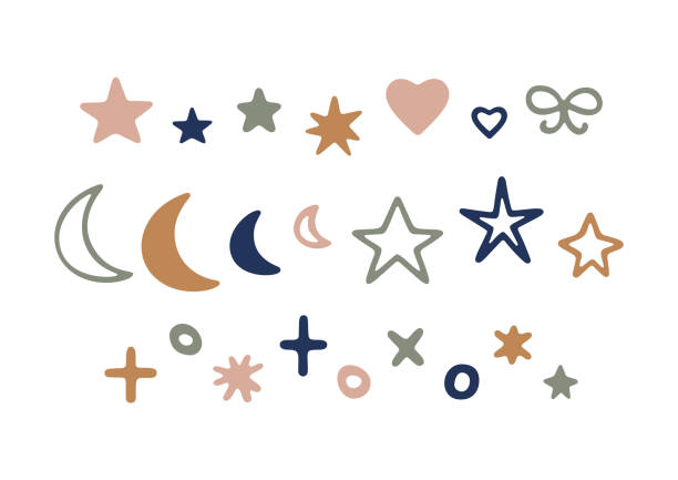 ilustrações de stock, clip art, desenhos animados e ícones de collection with flat stars, moons and snowflakes - symbol snowflake doodle heart shape