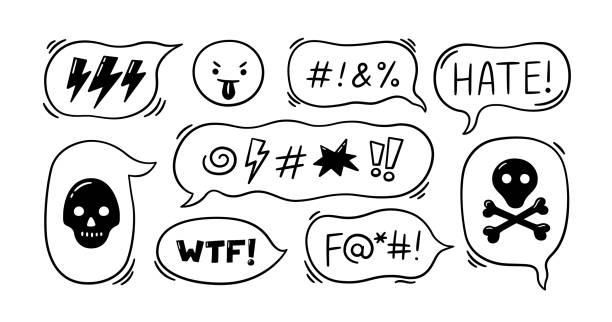 Comic speech bubble with swear words symbols. Hand drawn speech bubble with curses, lightning, skull, bomb, bones. Angry face emoji. Vector illustration isolated in doodle style on white background Comic speech bubble with swear words symbols. Hand drawn speech bubble with curses, lightning, skull, bomb, bones. Angry face emoji. Vector illustration isolated in doodle style on white background. rudeness stock illustrations