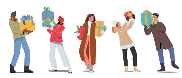 glückliche menschen in warmer winterkleidung und hüten mit geschenkboxen für die weihnachtsfeier. charaktere n geschenke kaufen - shopping christmas women retail stock-grafiken, -clipart, -cartoons und -symbole