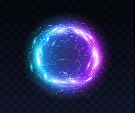 Electric ball, round lightning frame, blue thunderbolt circle border, magic portal, energy strike. Plasma sphere, powerful electrical isolated discharge dazzle. Realistic 3d vector illustration