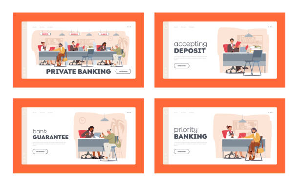 private banking services landing page vorlage. menschen an der rezeption der bank. charaktere verwenden finanzdienst, einzahlung - healthcare and medicine receptionist paying credit card stock-grafiken, -clipart, -cartoons und -symbole