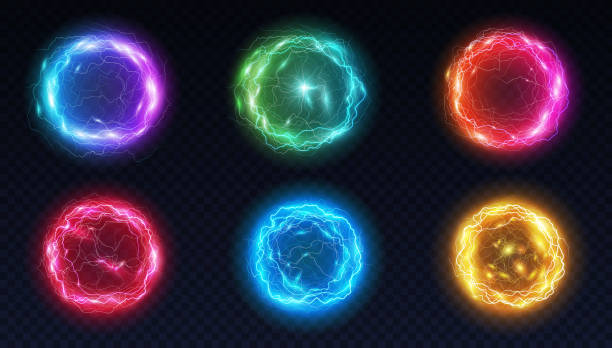 Energy balls and plasma sphere, electric lightning and light flash sparks. Magic lightning discharge vector art illustration