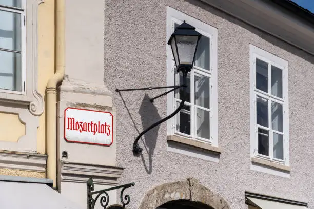 Salzburg, Austria, September 2021: Road Sign Mozartplatz in the old town