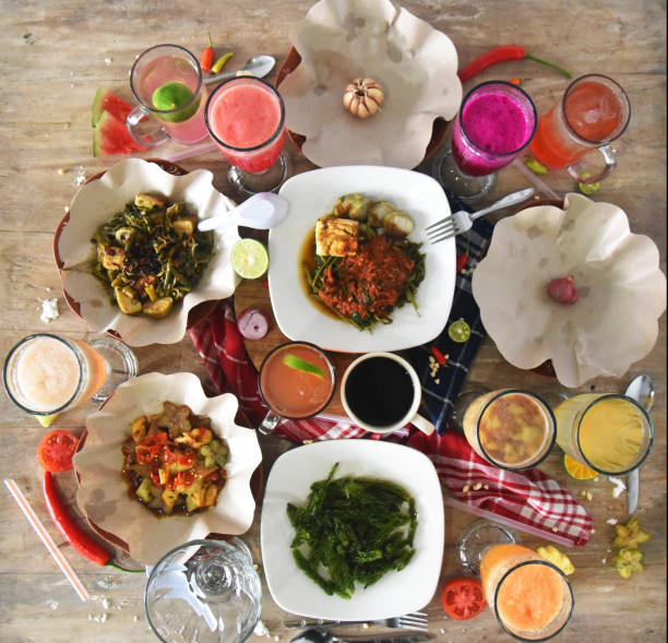 istock Mix foods and drinks placed on the brown wooden table 1348772406