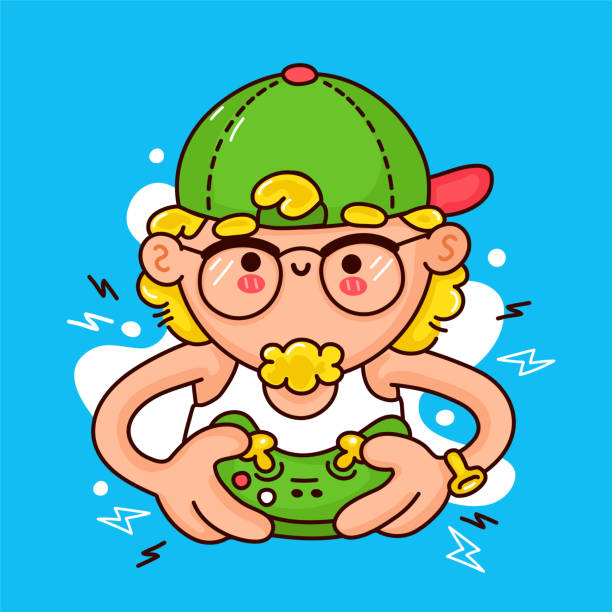 ilustraciones, imágenes clip art, dibujos animados e iconos de stock de lindo y divertido joven nerd feliz jugar en videojuego con joystick. icono de logotipo de ilustración de personajes kawaii de dibujos animados de línea plana vectorial. hombre, chico geek jugar consola de videojuegos, concepto de logotipo de dibujos anim - nerd men computer cheerful